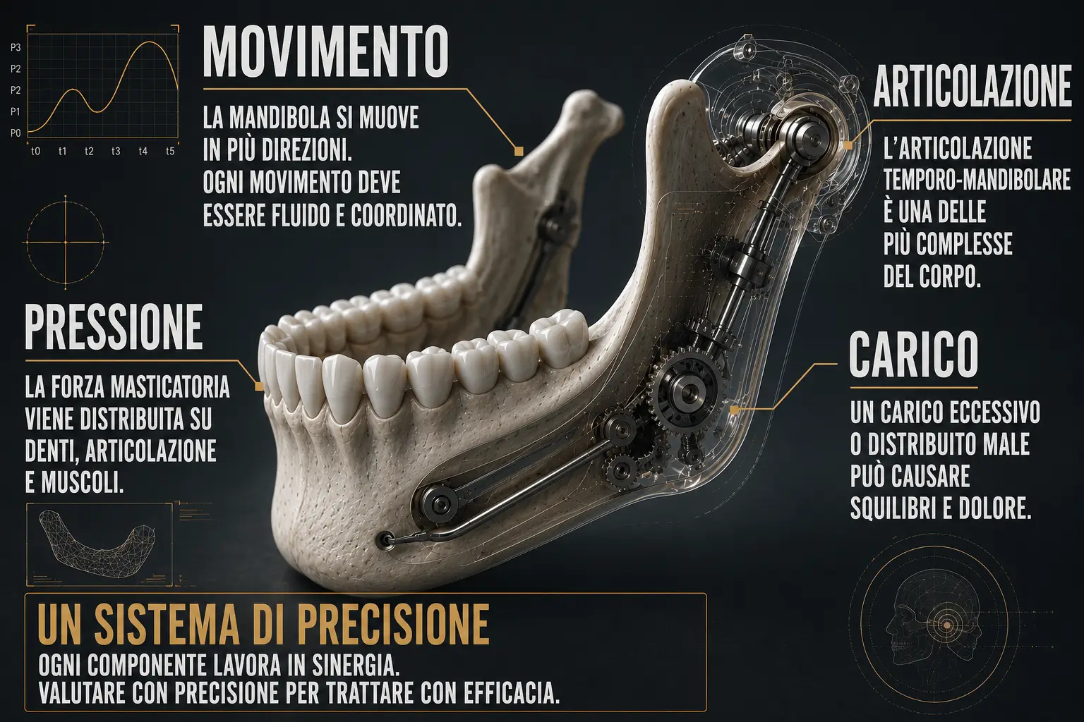 Infografica tecnica sulla mandibola come sistema di precisione con movimento, pressione, articolazione temporo-mandibolare e carico masticatorio
