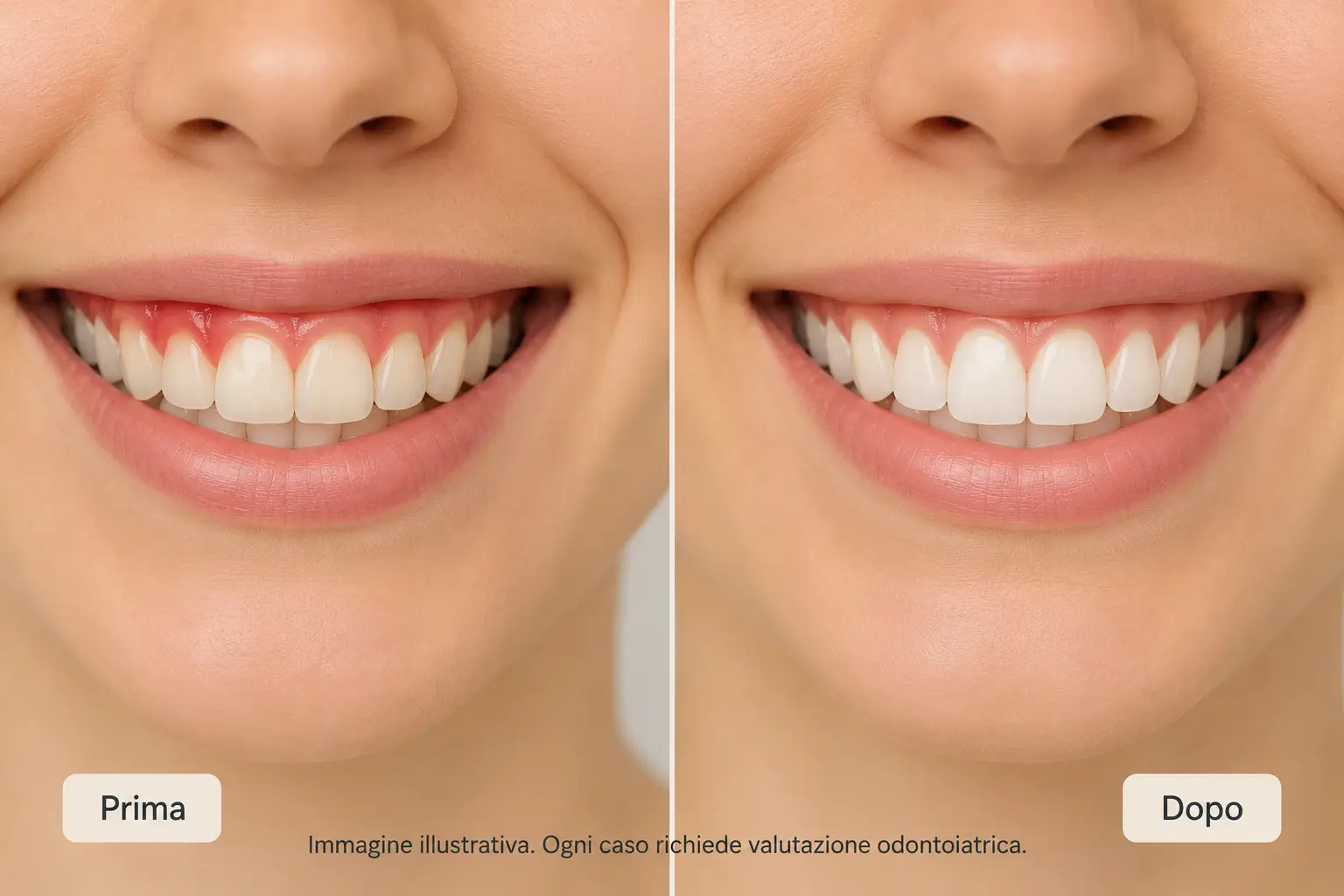 Immagine illustrativa prima e dopo con gengive arrossate e sorriso con gengive più sane dopo valutazione odontoiatrica e percorso di igiene professionale