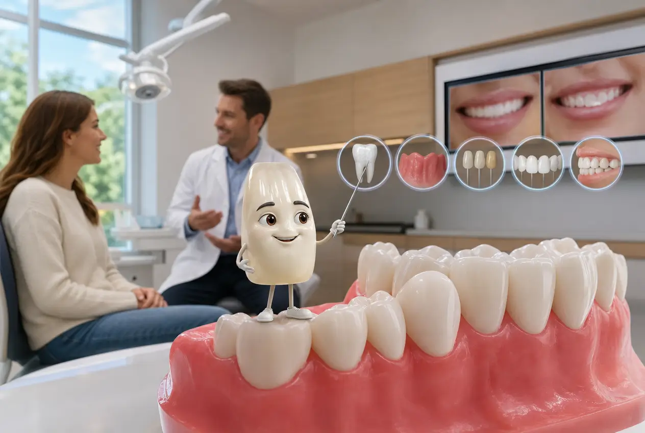 Illustrazione di una consulenza tra dentista e paziente sulle tipologie di faccette dentali e sulle soluzioni personalizzate di estetica del sorriso presso lo Studio Odontoiatrico Stere a Lecce.