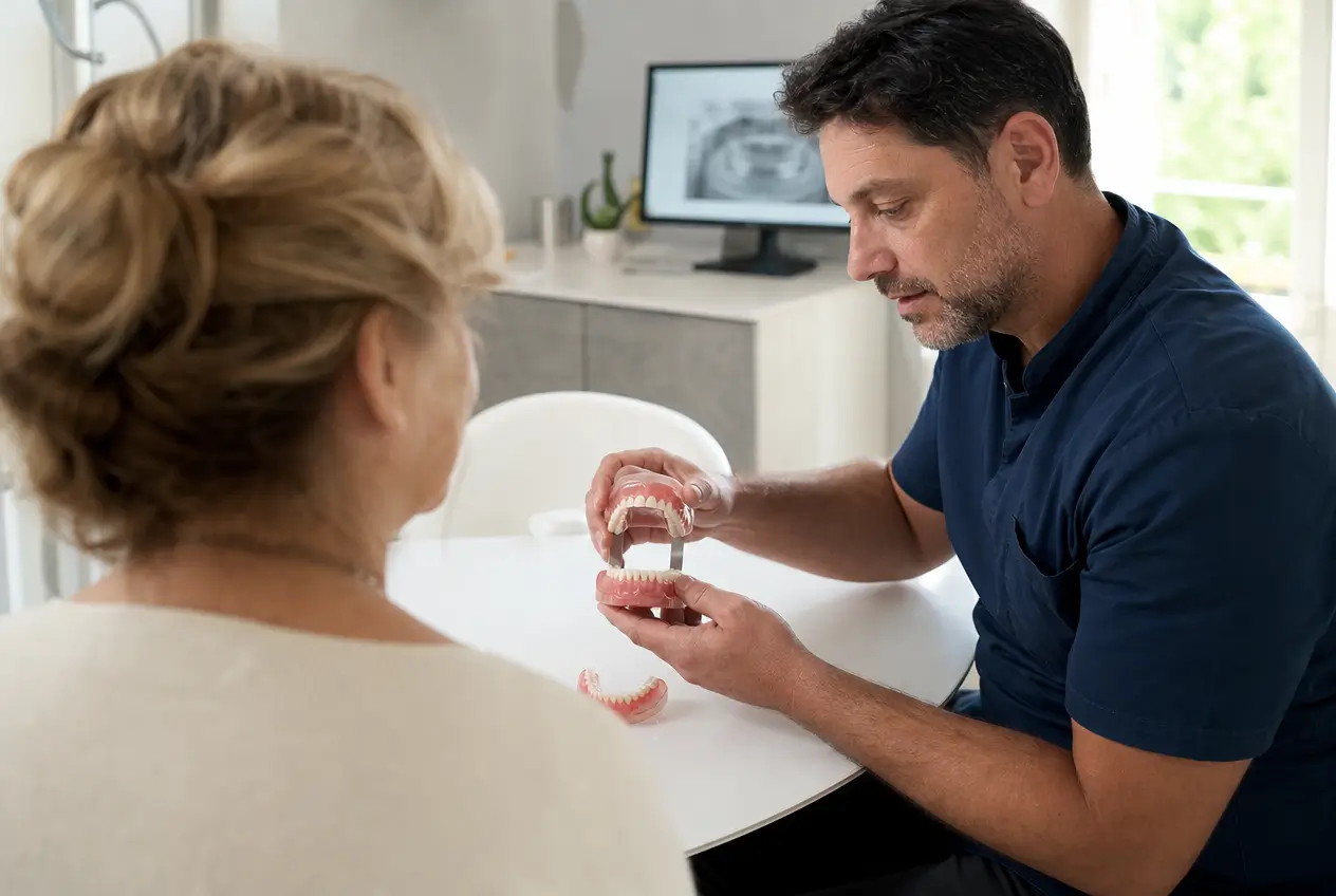 Dentista dello Studio Odontoiatrico Stere a Lecce mostra una protesi dentale mobile a una paziente durante una consulenza odontoiatrica.