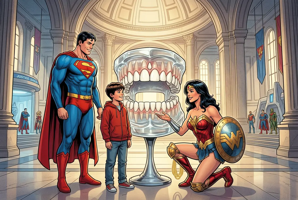 Bambino accanto a un grande modello di dentatura, circondato da supereroi in stile fumetto, per Studio Odontoiatrico Stere.