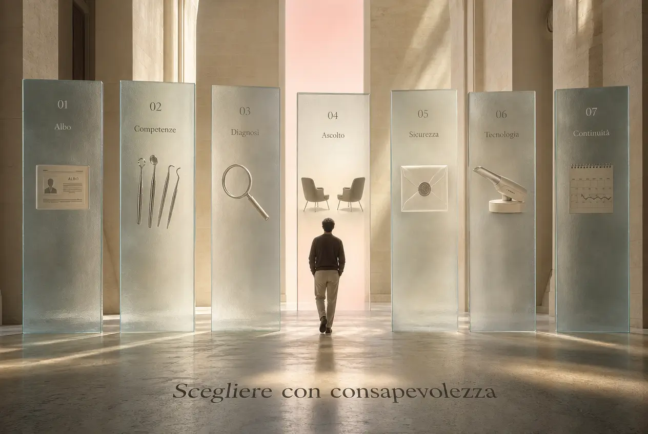 Concept visivo STERE con sette pannelli dedicati a criteri come albo, competenze, diagnosi, ascolto, sicurezza, tecnologia e continuità.