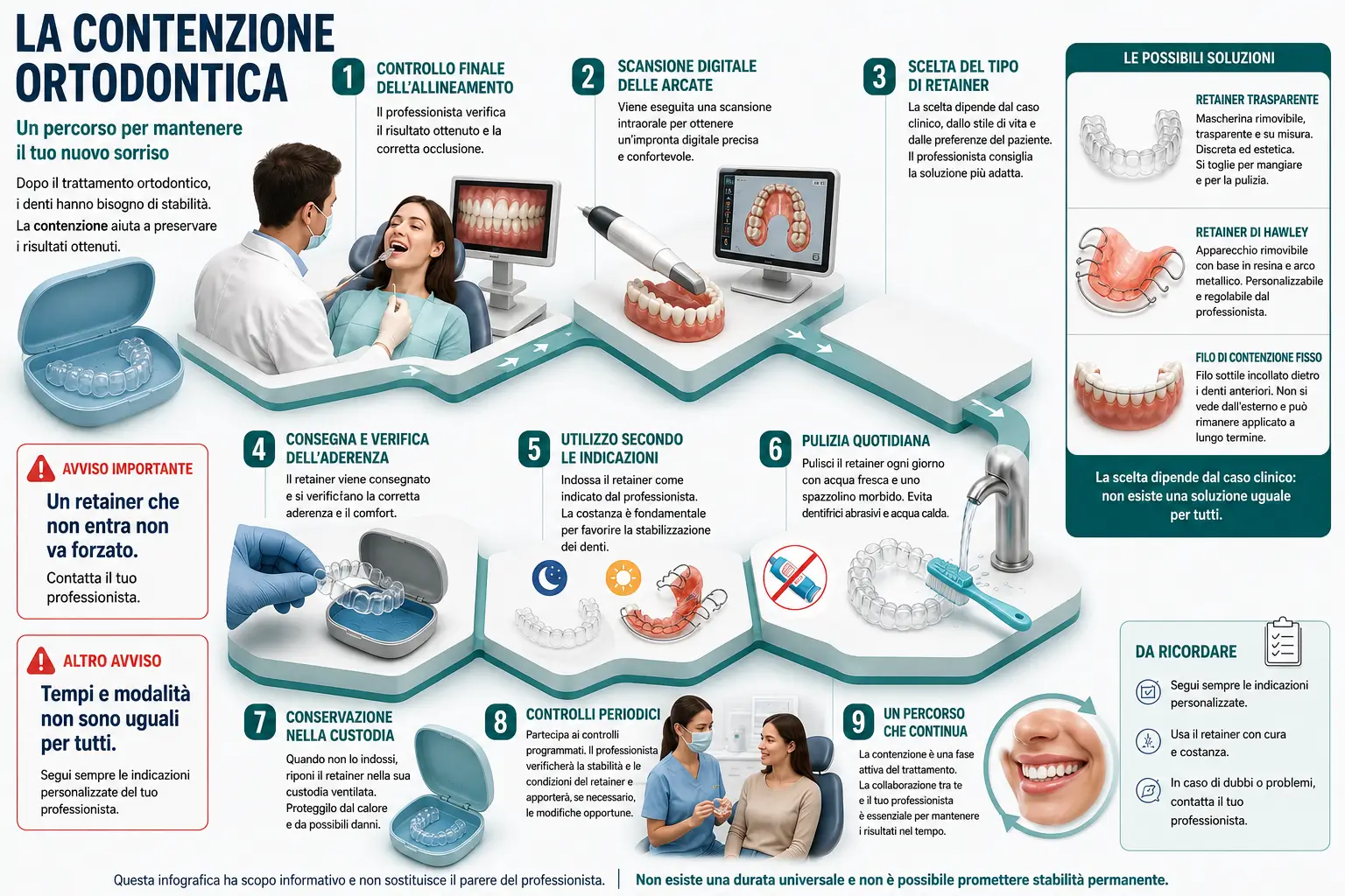 Infografica sulla contenzione ortodontica con controllo finale, scansione digitale, scelta del retainer, consegna, pulizia, conservazione e controlli periodici.