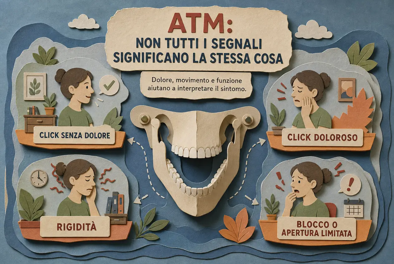 Infografica dello Studio Odontoiatrico Stere a Lecce sui diversi segnali dell’ATM, con click senza dolore, click doloroso, rigidità e apertura limitata della mandibola.