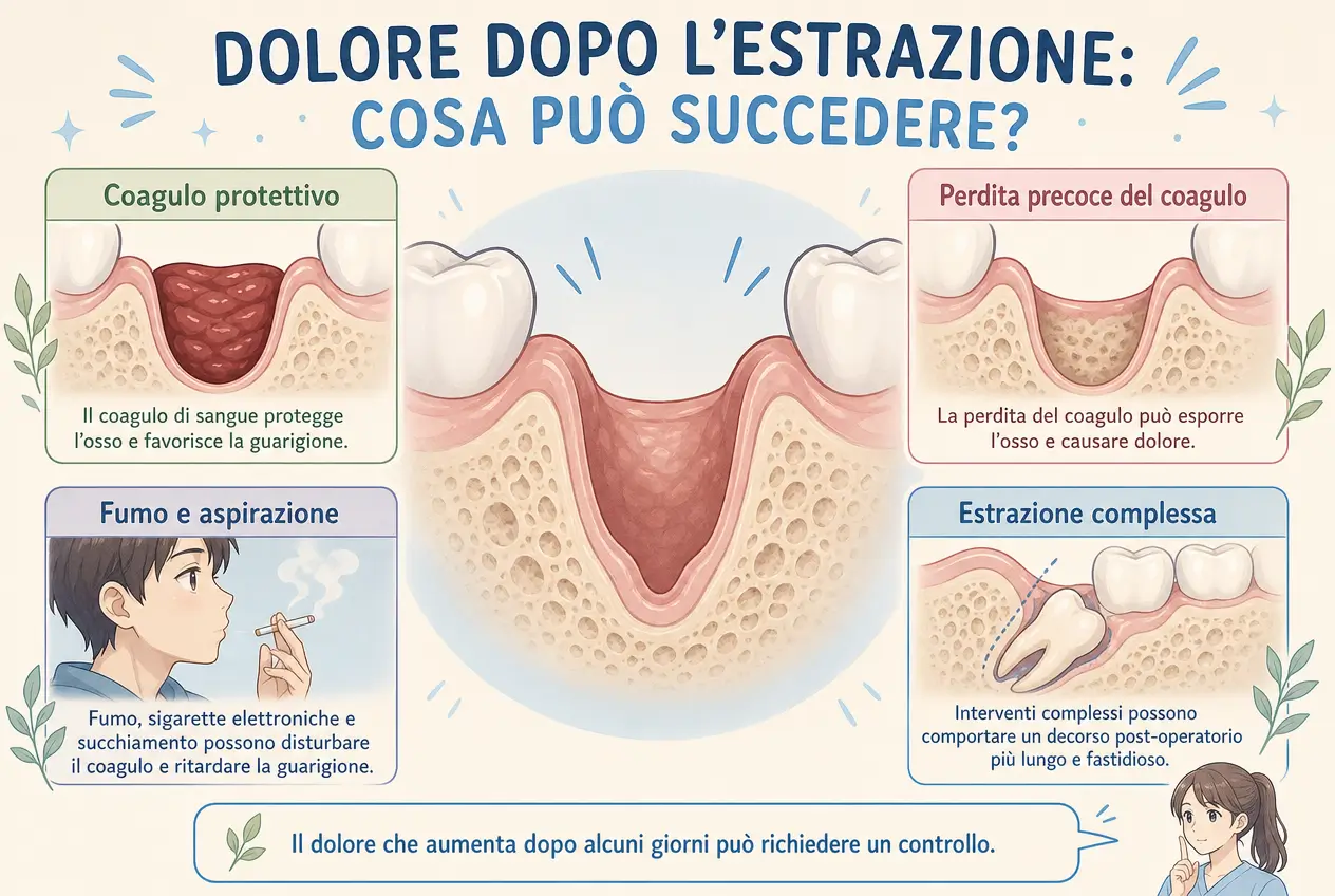 Infografica dello Studio odontoiatrico stere sulle possibili cause del dolore dopo un’estrazione dentale, con coagulo protettivo, perdita del coagulo, fumo ed estrazione complessa.