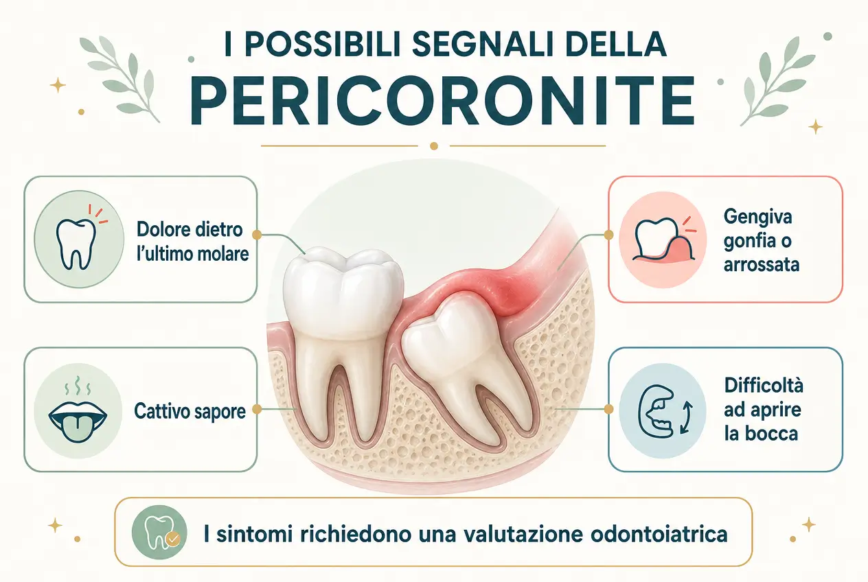 Infografica sui possibili sintomi della pericoronite: dolore dietro l’ultimo molare, gengiva gonfia, cattivo sapore e difficoltà ad aprire la bocca.