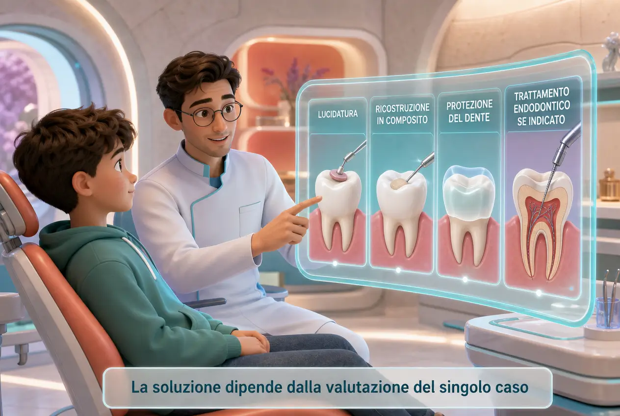 Illustrazione di odontoiatra e paziente con pannello informativo sulle possibili soluzioni per un dente scheggiato, realizzata per lo Studio Odontoiatrico Stere.
