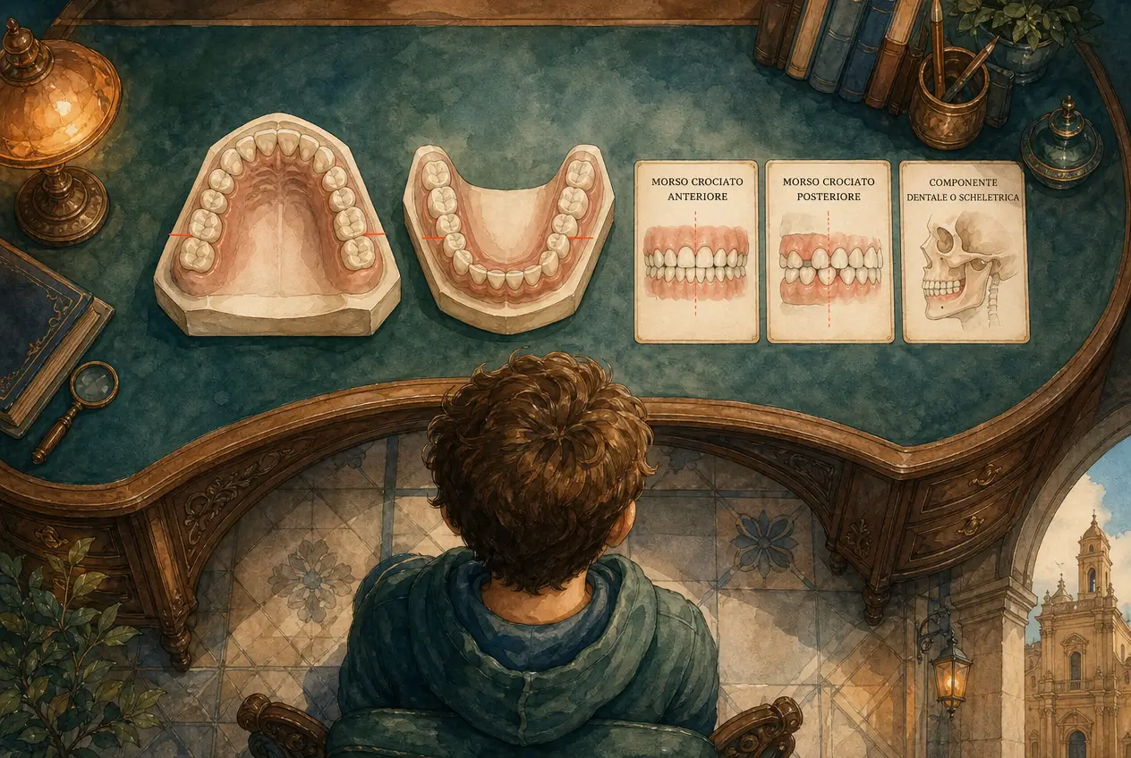 Modelli dentali e schede illustrative sul morso crociato anteriore e posteriore e sulla componente dentale o scheletrica, per lo Studio Odontoiatrico Stere.