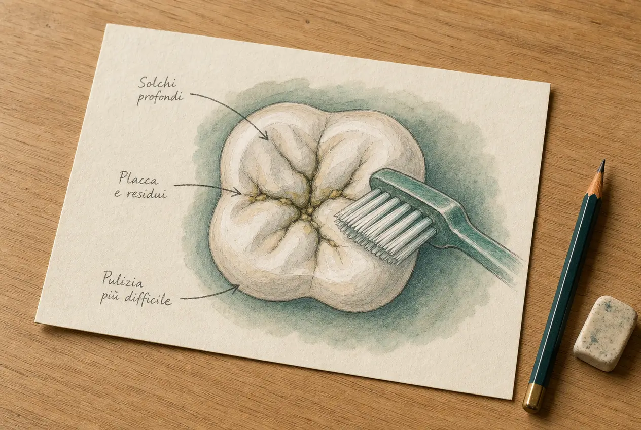 Illustrazione dello Studio Odontoiatrico STERE con un molare, uno spazzolino e indicazioni su solchi profondi, placca e residui difficili da pulire.