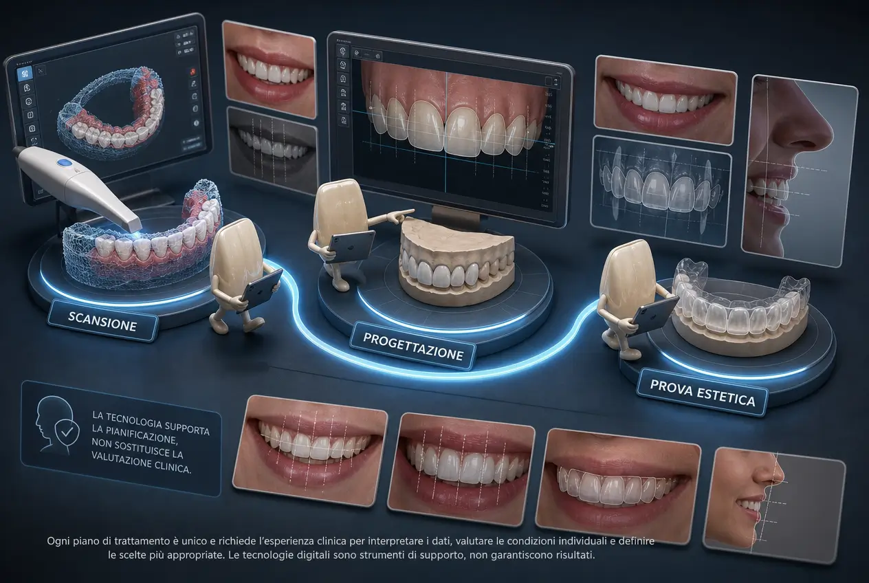 Flusso digitale per faccette dentali con scansione intraorale, progettazione personalizzata del sorriso e prova estetica presso lo Studio Odontoiatrico Stere a Lecce.
