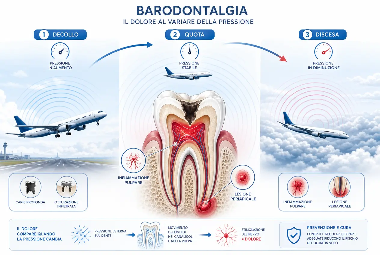 Infografica dello Studio Odontoiatrico Stere che illustra la barodontalgia e il possibile dolore dentale durante decollo, quota e discesa per le variazioni di pressione.