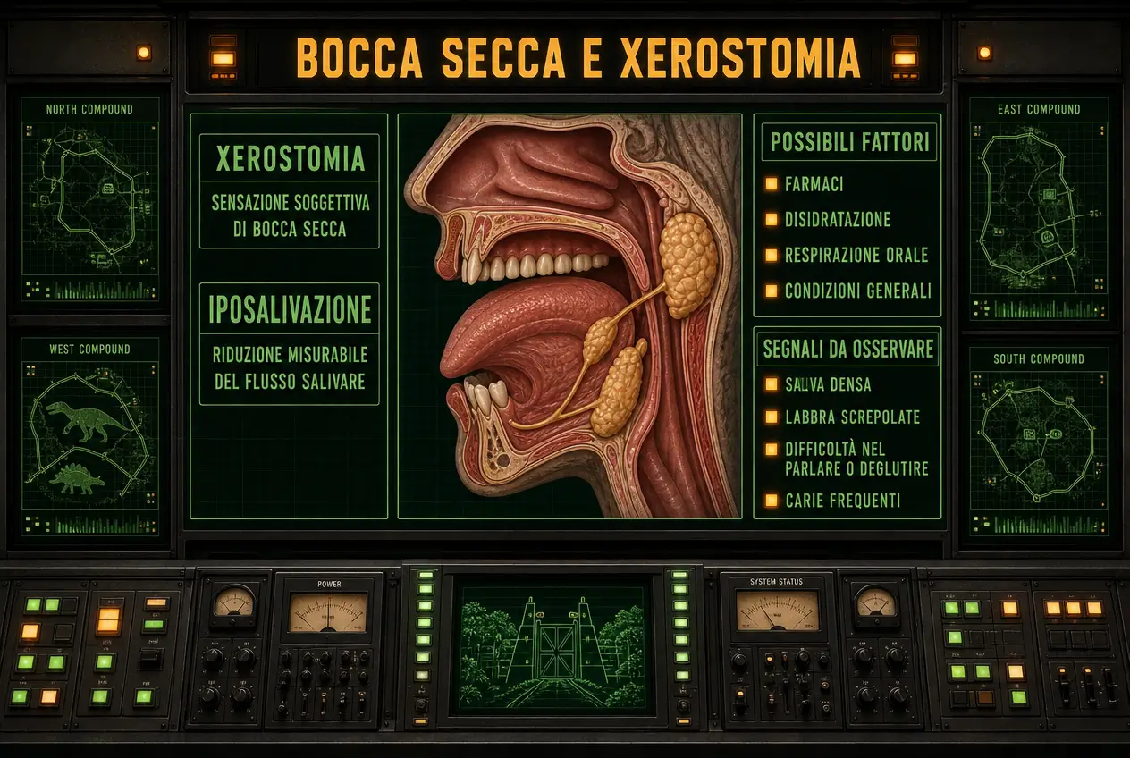Infografica di Studio Odontoiatrico Stere a Lecce su bocca secca e xerostomia, con anatomia della cavità orale, possibili fattori e segnali da osservare.