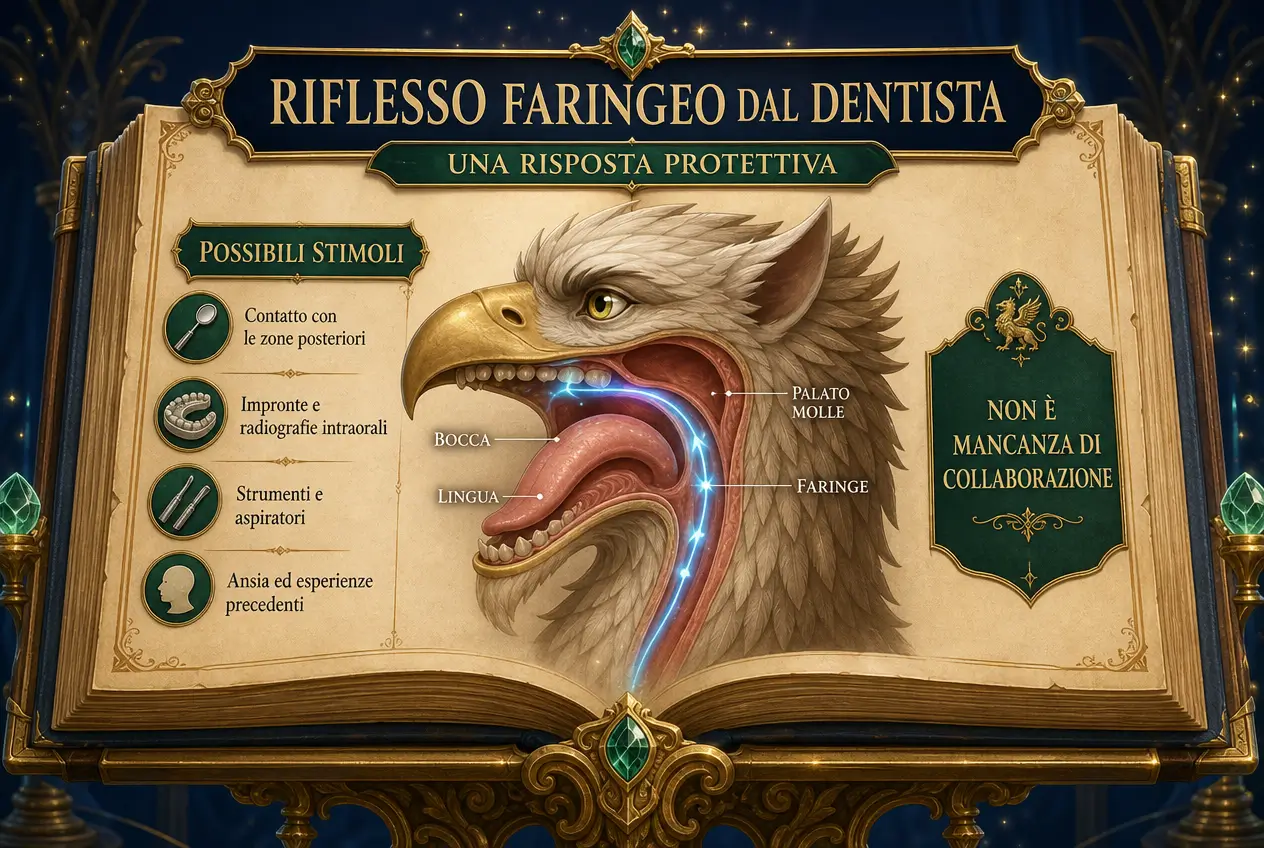 Infografica di Studio Odontoiatrico Stere sul riflesso faringeo dal dentista, con anatomia di bocca e faringe e principali stimoli che possono attivarlo.