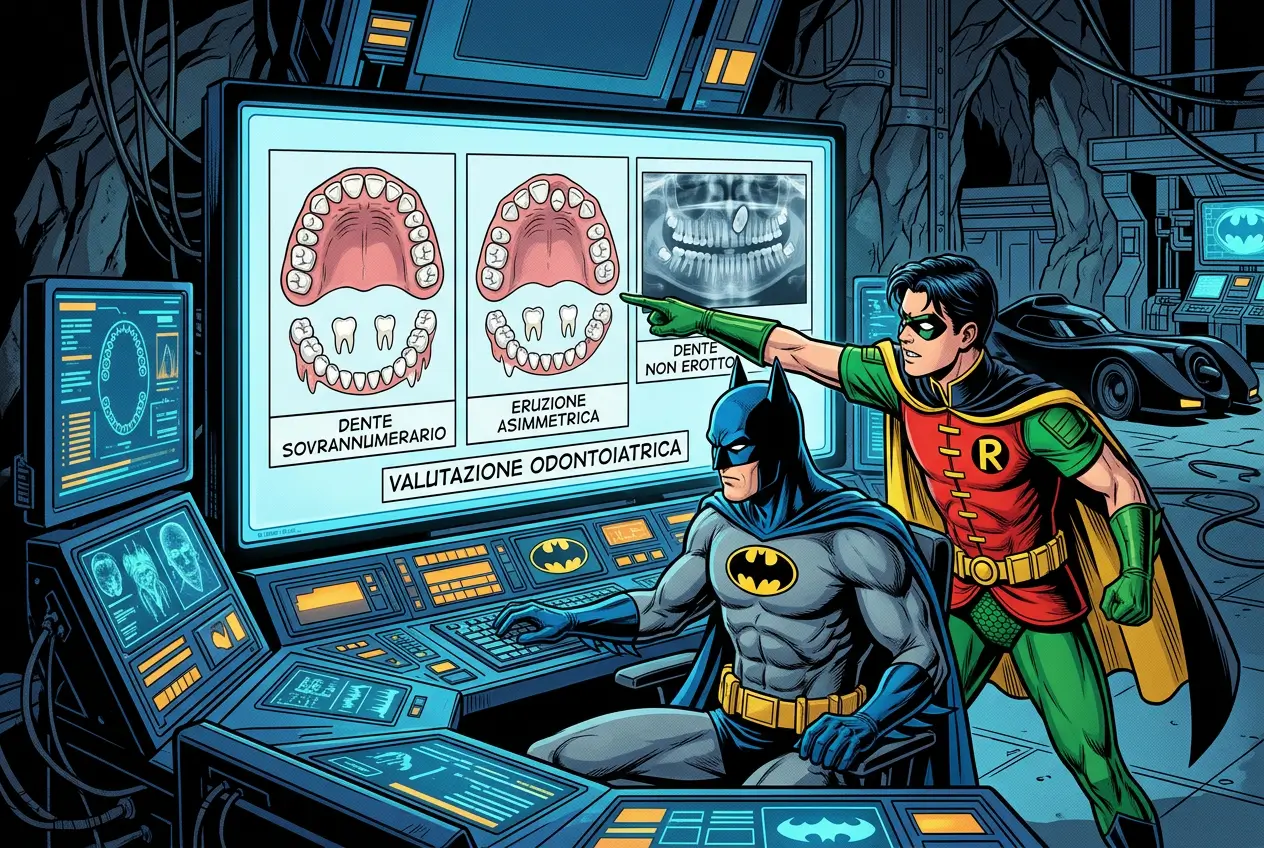 Supereroi in una sala tecnologica osservano su un monitor schemi della dentizione e una radiografia durante una valutazione odontoiatrica per Studio Odontoiatrico Stere.