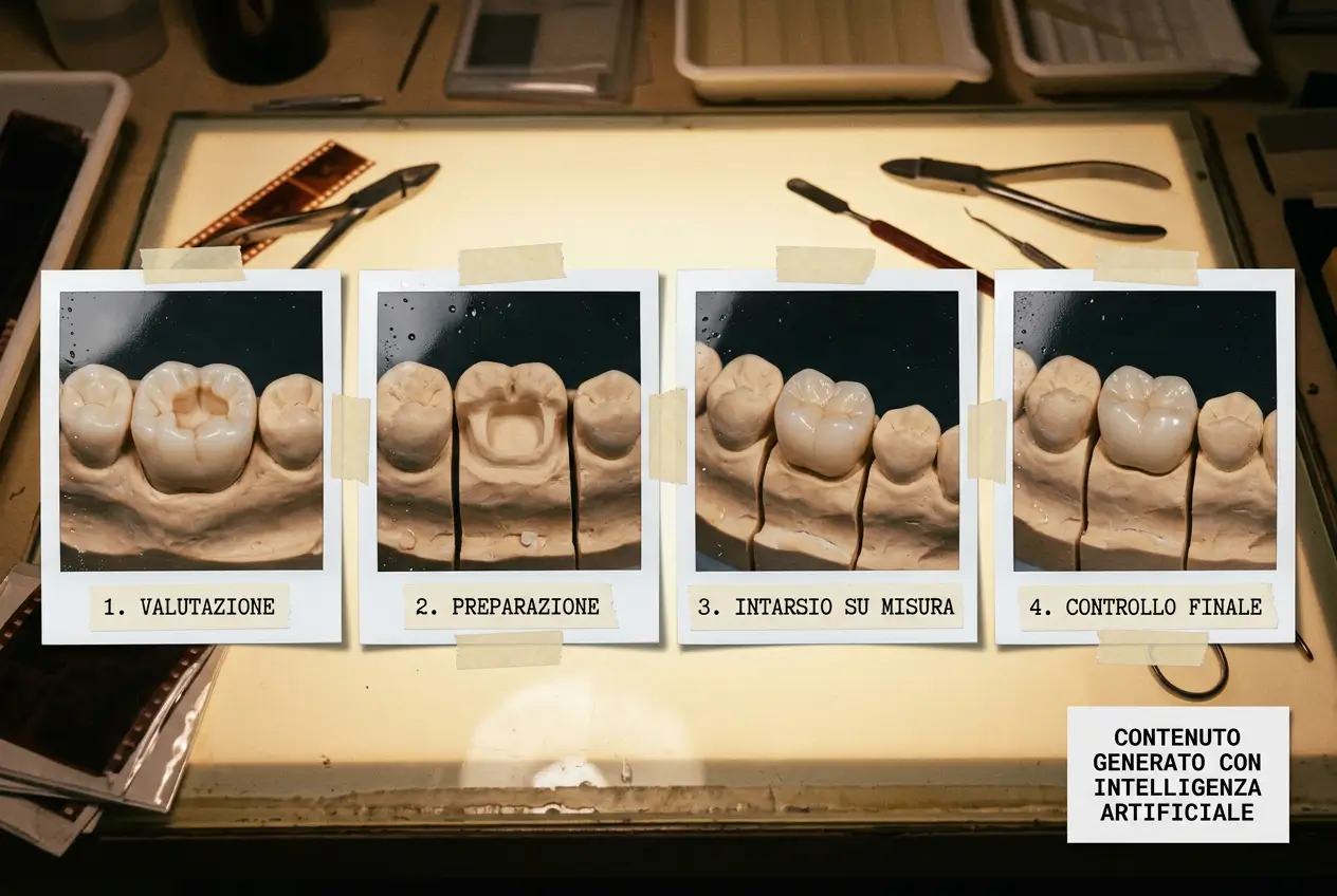 Sequenza illustrata delle fasi di un intarsio dentale, dalla valutazione e preparazione fino al posizionamento e controllo finale, per Studio Odontoiatrico Stere.