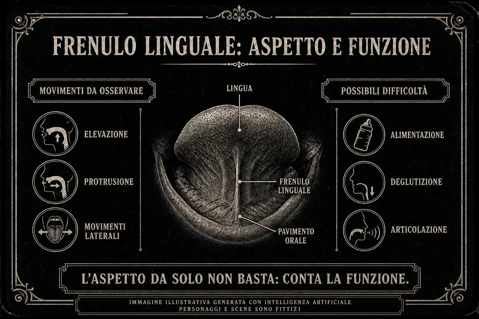 Infografica in stile vintage che mostra la lingua sollevata con indicazione di lingua, frenulo linguale e pavimento orale, affiancata dai movimenti da osservare (elevazione, protrusione, movimenti laterali) e dalle possibili difficoltà di alimentazione, deglutizione e articolazione, con il messaggio che conta la funzione più dell'aspetto; contenuto dello Studio Odontoiatrico Stere.
