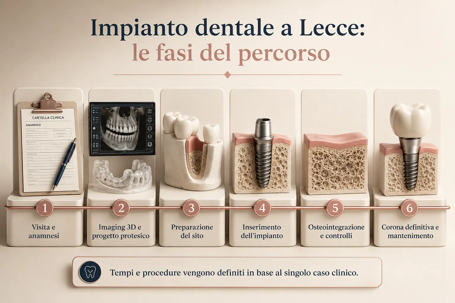 Infografica STERE sulle principali fasi del percorso implantologico a Lecce, dalla visita iniziale fino alla corona definitiva e al mantenimento.
