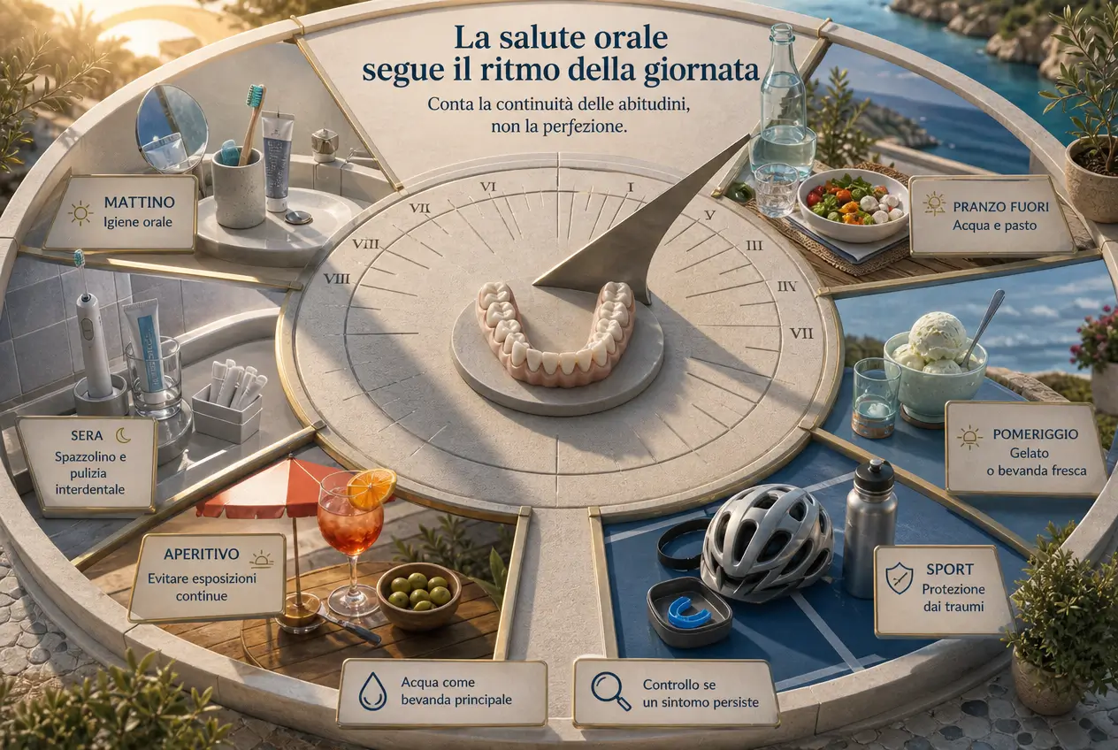 Infografica dello Studio Odontoiatrico Stere che organizza la salute orale nell’arco della giornata tra igiene dei denti, acqua, alimentazione, sport e pulizia interdentale.