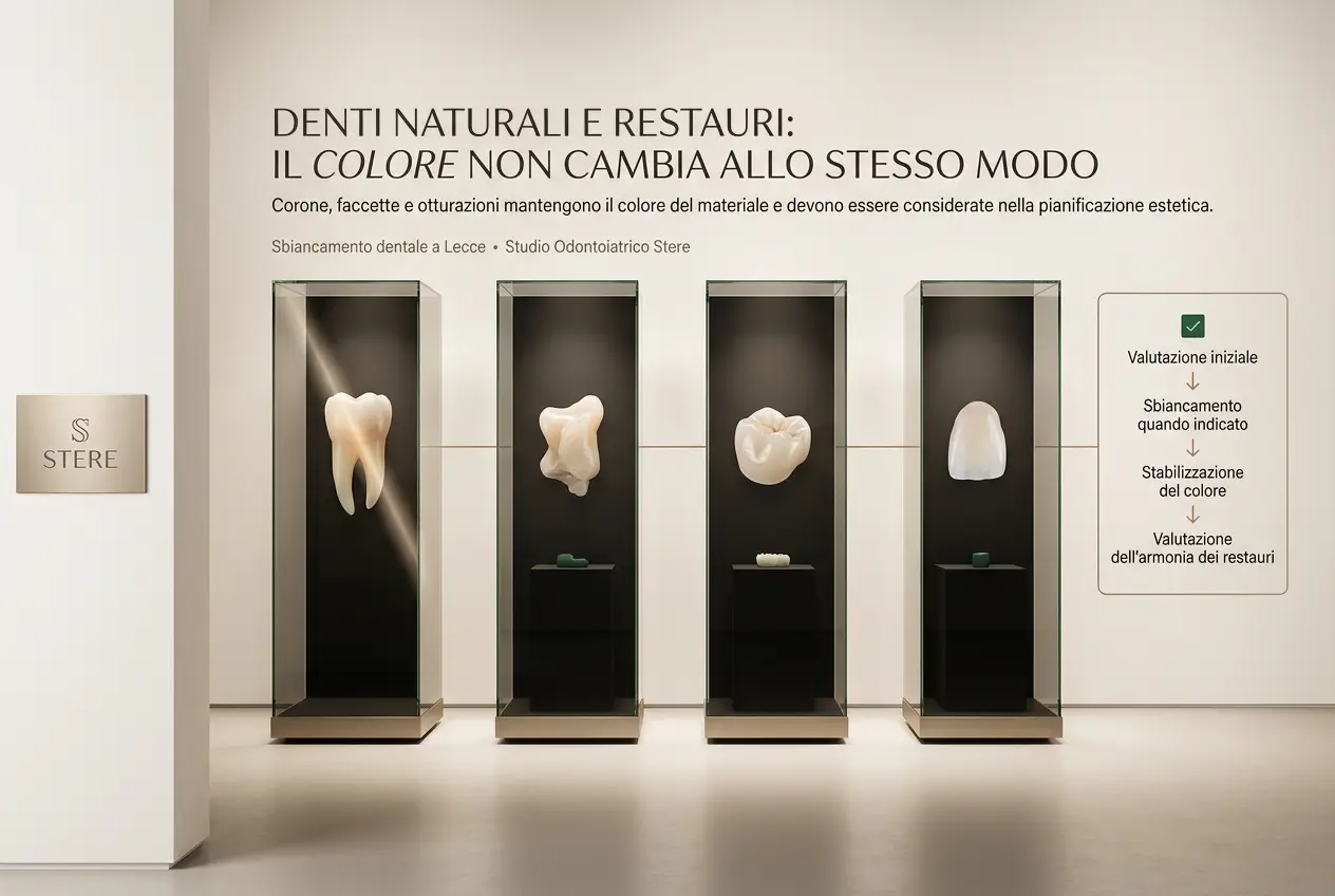 Infografica dello Studio Odontoiatrico Stere a Lecce sul rapporto tra sbiancamento dentale e colore di denti naturali, corone, faccette e otturazioni.
