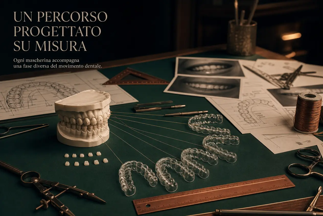 Composizione dello Studio Odontoiatrico Stere con modello dentale, serie di allineatori trasparenti, fotografie e strumenti di progettazione del movimento dei denti.