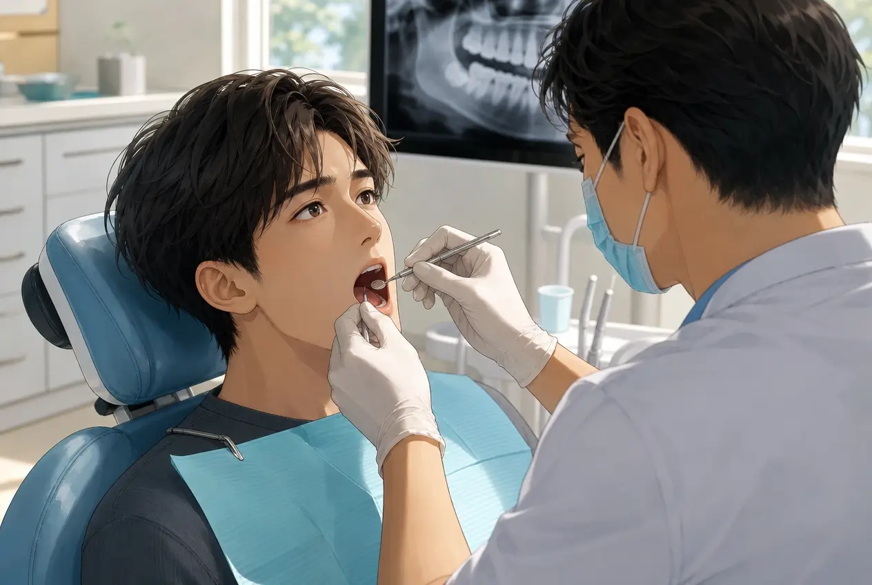 Dentista durante un controllo della bocca di un paziente con specchietto e strumenti odontoiatrici, con radiografia panoramica sullo sfondo, per Studio odontoiatrico stere.