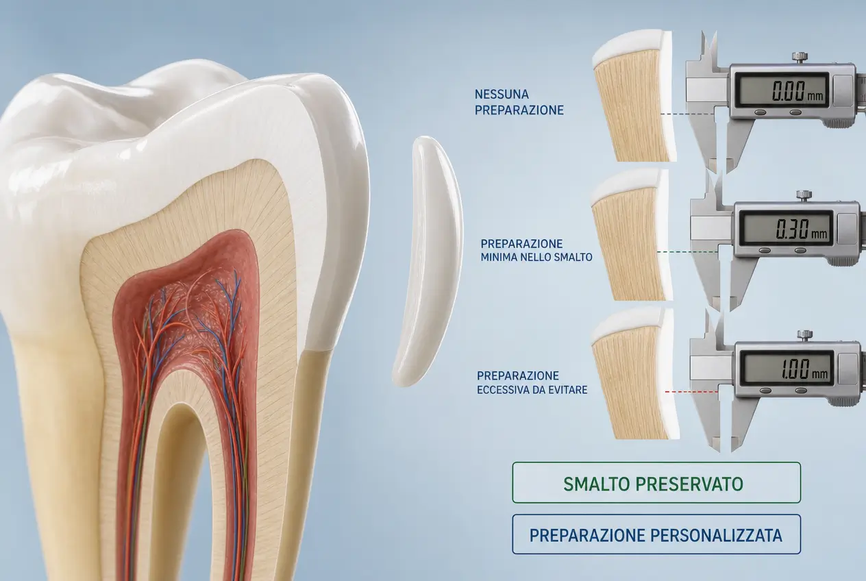 Illustrazione della preparazione personalizzata dello smalto per faccette dentali, con confronto tra nessuna preparazione, preparazione minima ed eccessiva, Studio Odontoiatrico Stere Lecce.