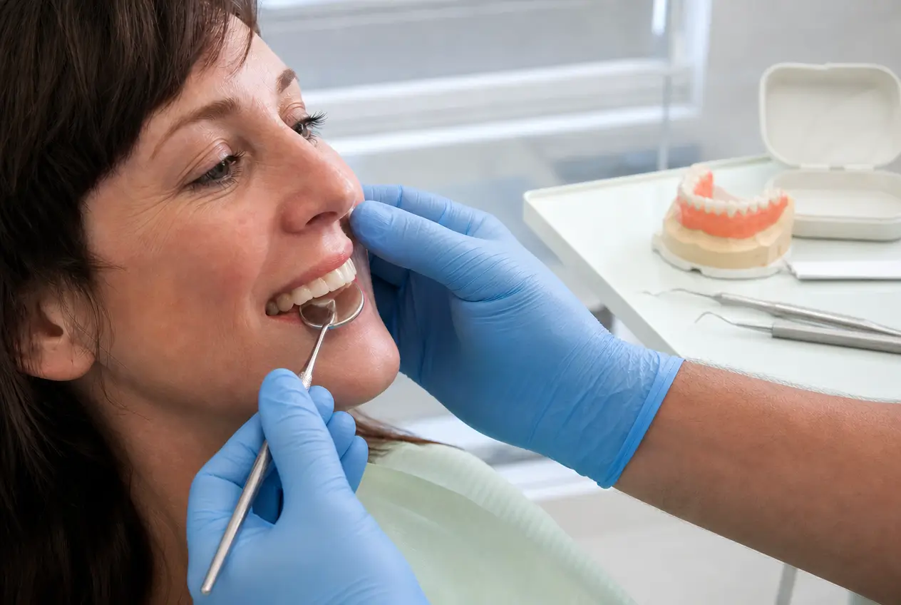 Controllo odontoiatrico della bocca e della protesi dentale di una paziente presso lo Studio Odontoiatrico Stere a Lecce.