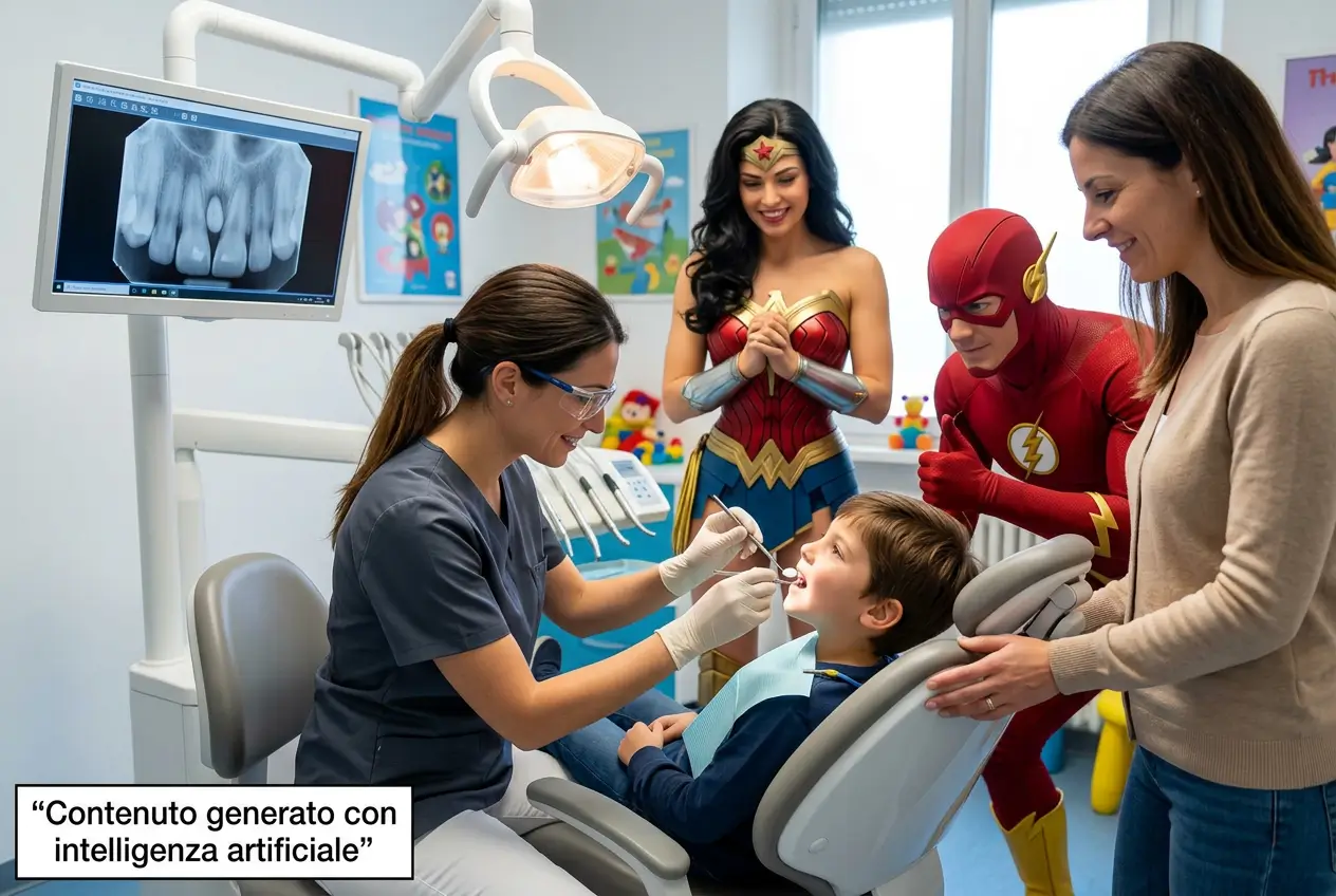 Professionista esegue una visita odontoiatrica a un bambino sulla poltrona, con radiografia dentale sul monitor e personaggi in costume da supereroi, per Studio Odontoiatrico Stere.