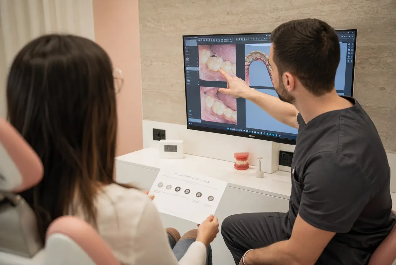 Professionista dello Studio Odontoiatrico STERE illustra a una paziente immagini dentali visualizzate su un monitor durante un colloquio.