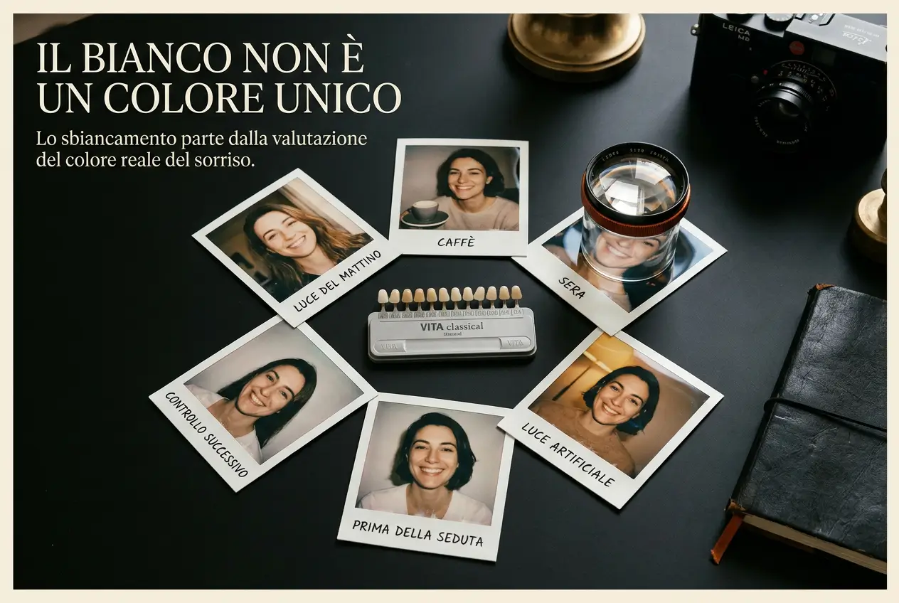 Composizione dello Studio Odontoiatrico Stere con scala colori dentale e fotografie che illustrano come luce e condizioni diverse influenzino la percezione del bianco dei denti.