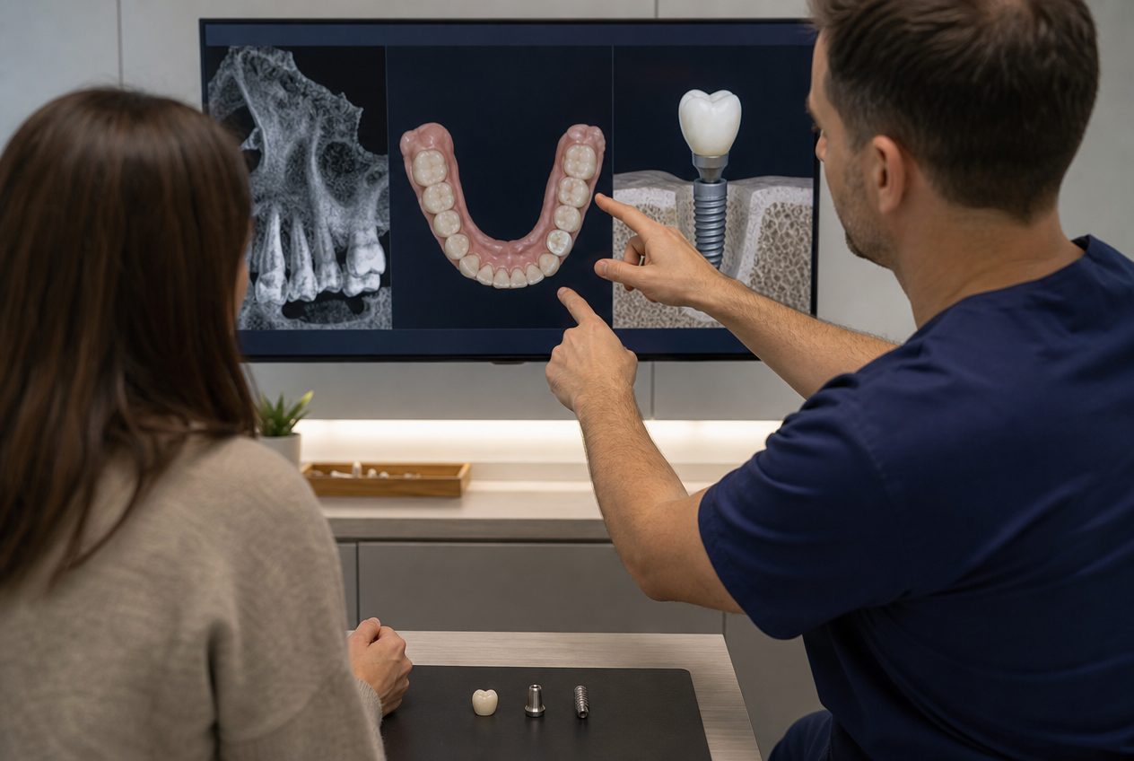 Dentista dello Studio Odontoiatrico Stere illustra a una paziente la pianificazione di un impianto dentale attraverso radiografie e immagini digitali.