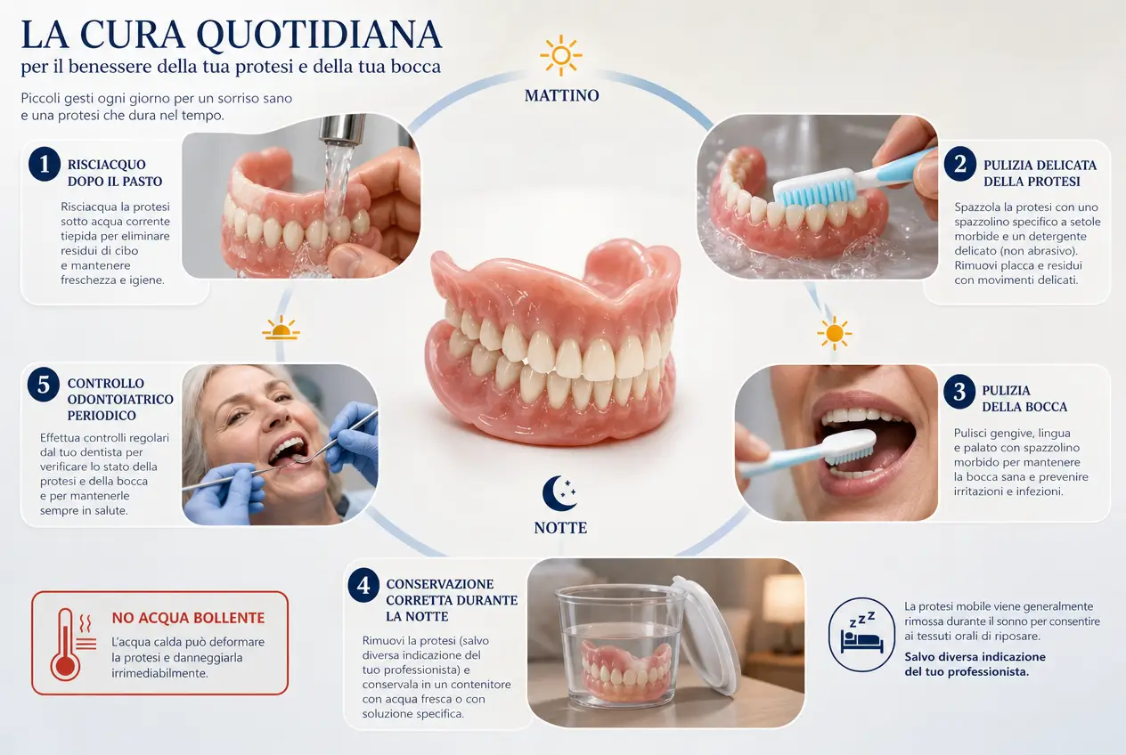 Infografica sulla cura quotidiana della protesi dentale con risciacquo, pulizia della protesi e della bocca, conservazione notturna e controlli odontoiatrici periodici.