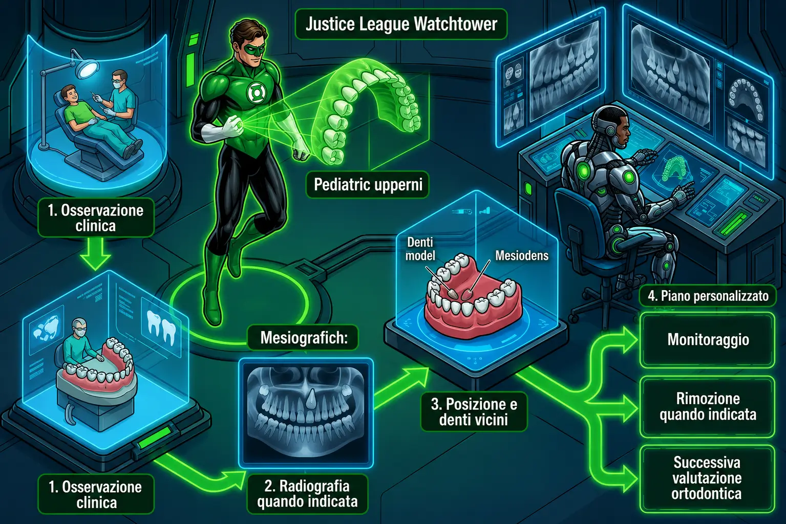 Infografica in stile fumetto sul percorso di valutazione di un dente sovrannumerario, dalla visita clinica alla radiografia e al piano personalizzato, per Studio Odontoiatrico Stere.