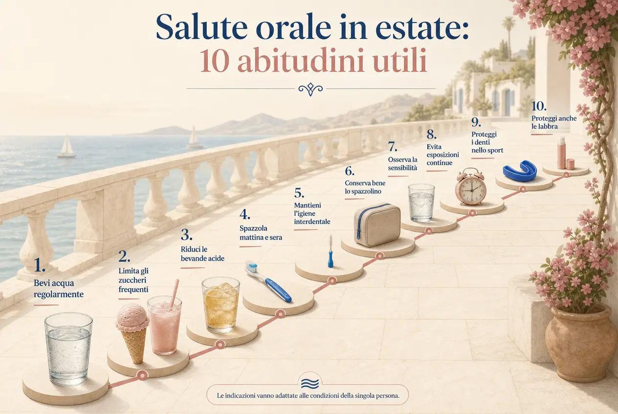 Infografica estiva dello Studio Odontoiatrico Stere con dieci abitudini utili per prendersi cura della salute orale tra idratazione, igiene, alimentazione e protezione dei denti.