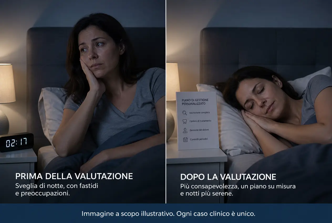 Confronto illustrativo prima e dopo una valutazione odontoiatrica per il mal di denti notturno, con piano di gestione personalizzato dello Studio Stere a Lecce.