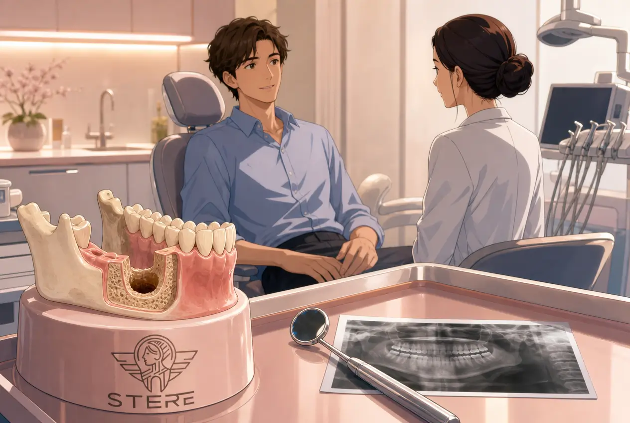 Paziente durante un colloquio odontoiatrico con modello della mandibola, alveolo dentale, radiografia panoramica e logo dello Studio odontoiatrico stere.