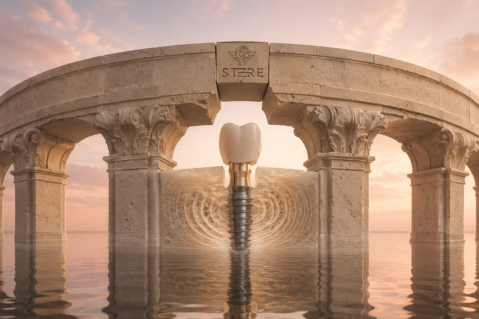 Concept visivo STERE con impianto dentale e corona al centro di un’architettura in pietra, rappresentazione simbolica dell’implantologia.