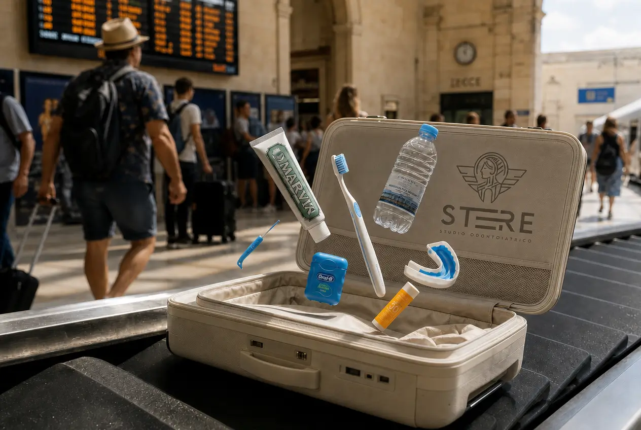 Valigia aperta in stazione con spazzolino, dentifricio, filo interdentale, collutorio, paradenti e acqua, con logo dello Studio Odontoiatrico Stere di Lecce.