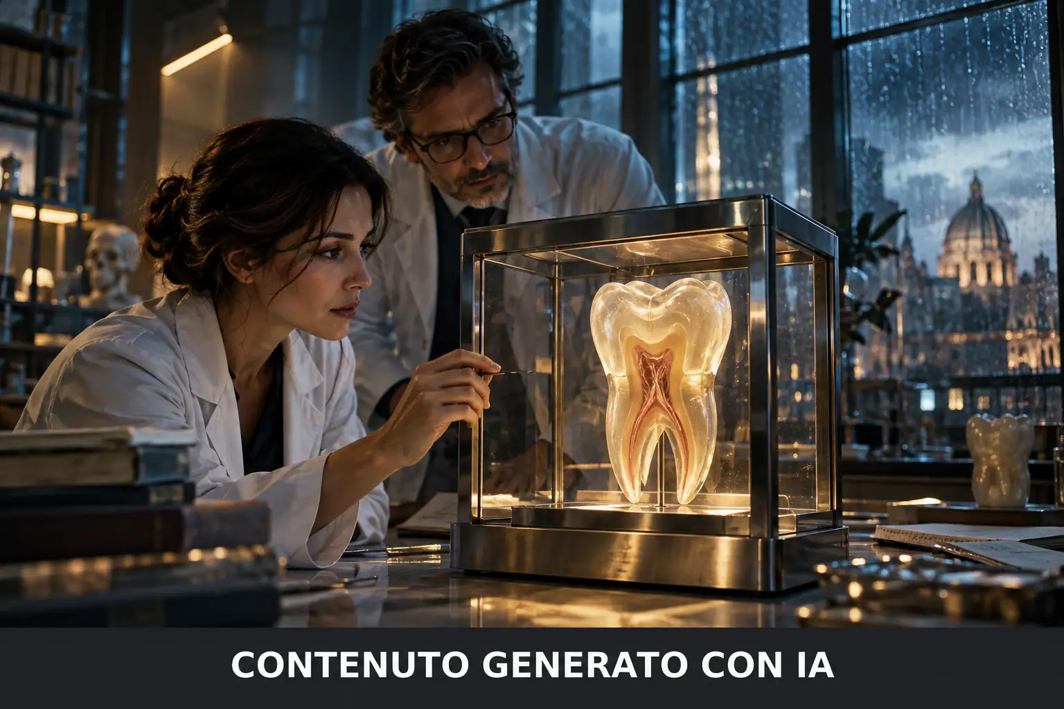 Due personaggi in camice osservano un modello trasparente di molare illuminato in una teca, in una scena cinematografica notturna con dicitura IA.
