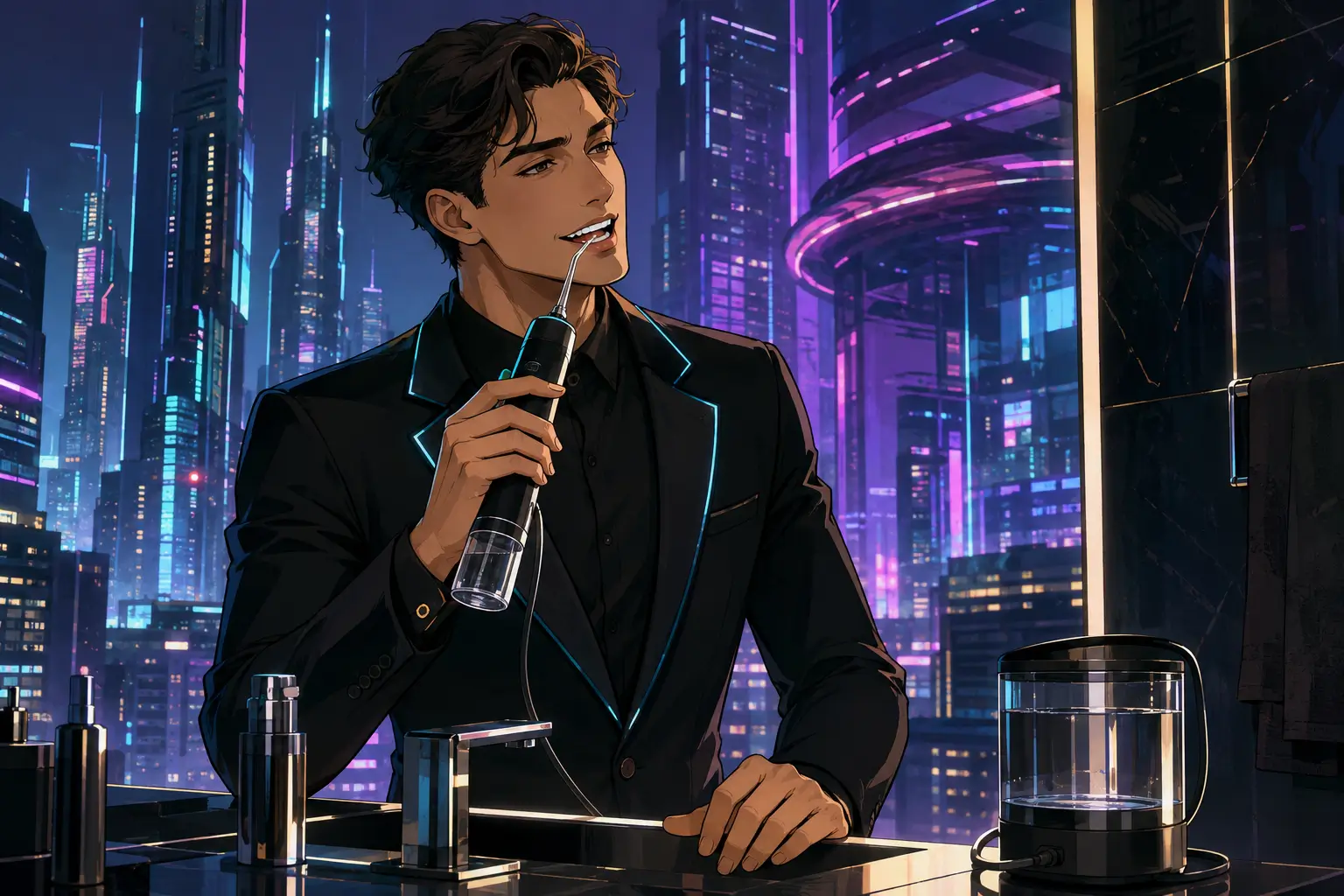 Illustrazione in stile futuristico di un uomo in giacca nera che utilizza un idropulsore dentale davanti al lavabo di un bagno moderno, con vetrata affacciata su una città notturna al neon. Contenuto sull'igiene orale domiciliare a cura dello Studio Odontoiatrico Stere di Lecce.