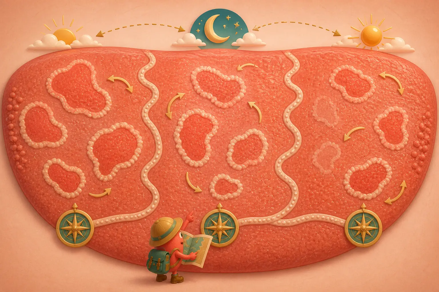 Illustrazione della lingua geografica con chiazze rosse dai bordi chiari che cambiano forma e posizione nel tempo.