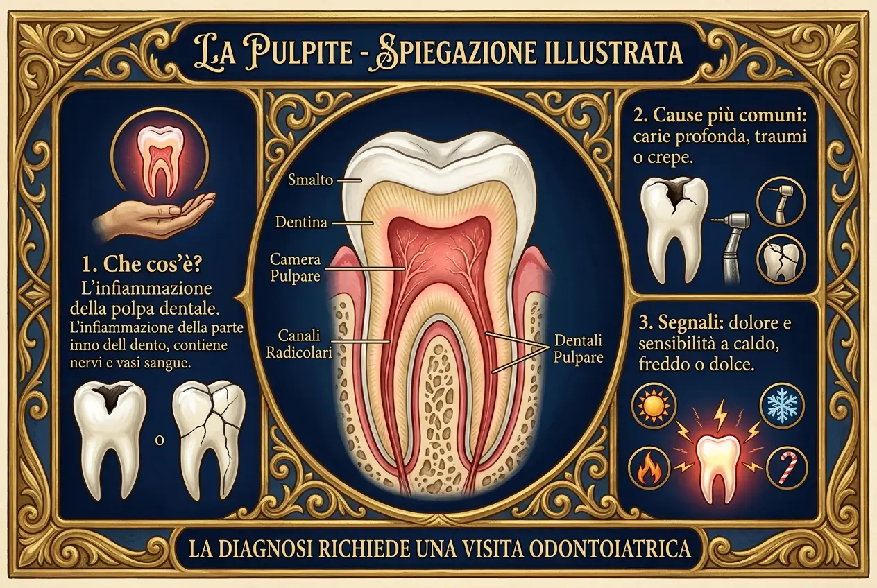 Dipinto in stile storico di una piazza barocca in pietra calcarea dorata con campanile e facciata scolpita: un giovane viandante con mantello bordeaux porta la mano alla guancia con espressione sofferente, mentre una donna in abito blu e oro lo osserva reggendo una lanterna. Ai suoi piedi un bagliore rosso sul selciato. Contenuto sulla pulpite a cura dello Studio Odontoiatrico Stere di Lecce.