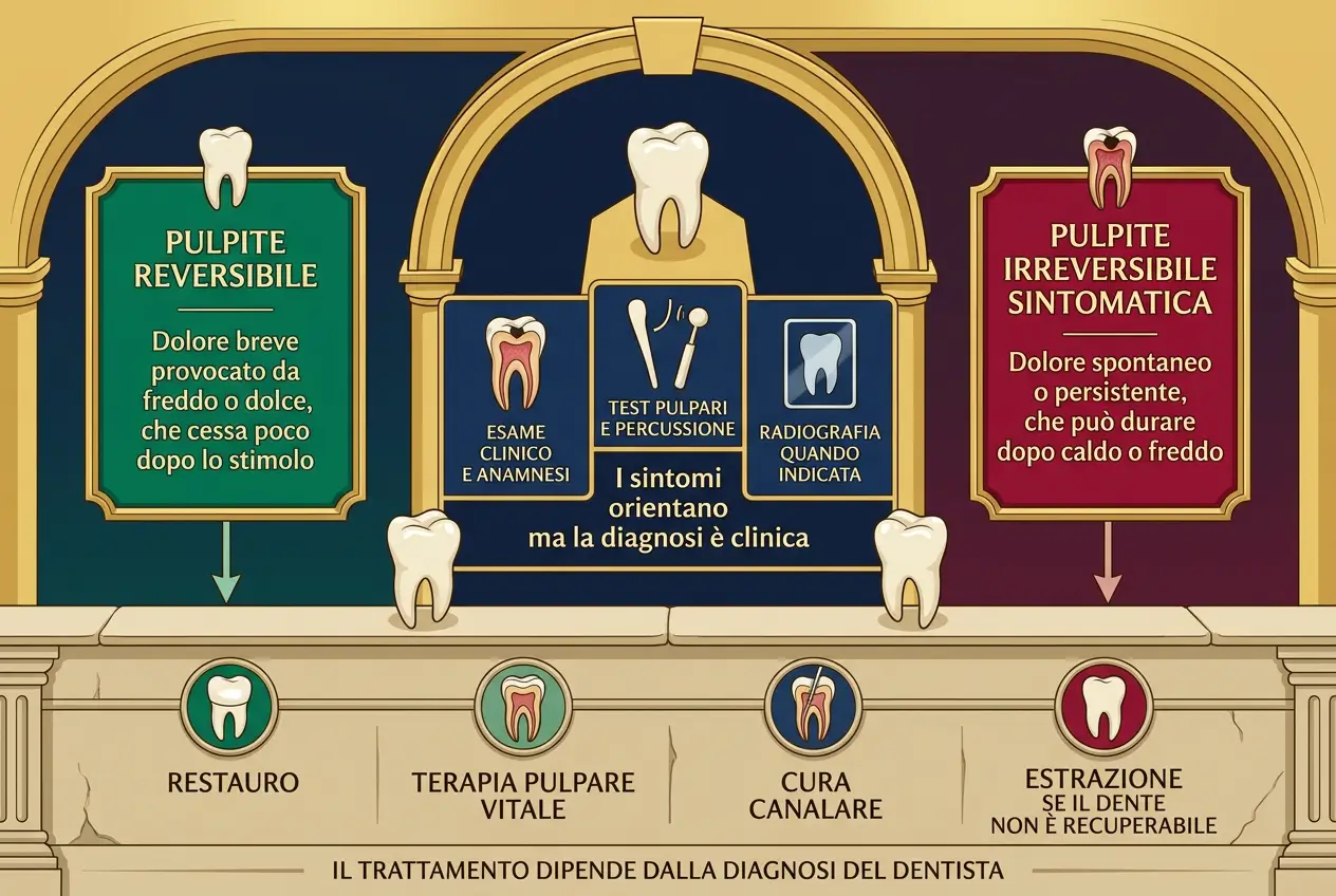 Infografica illustrata dello Studio Odontoiatrico Stere che distingue la pulpite reversibile, con dolore breve provocato da freddo o dolce, dalla pulpite irreversibile sintomatica, con dolore spontaneo o persistente. Al centro il percorso diagnostico con esame clinico, test pulpari e radiografia; in basso i possibili trattamenti, dal restauro all'estrazione se il dente non è recuperabile.