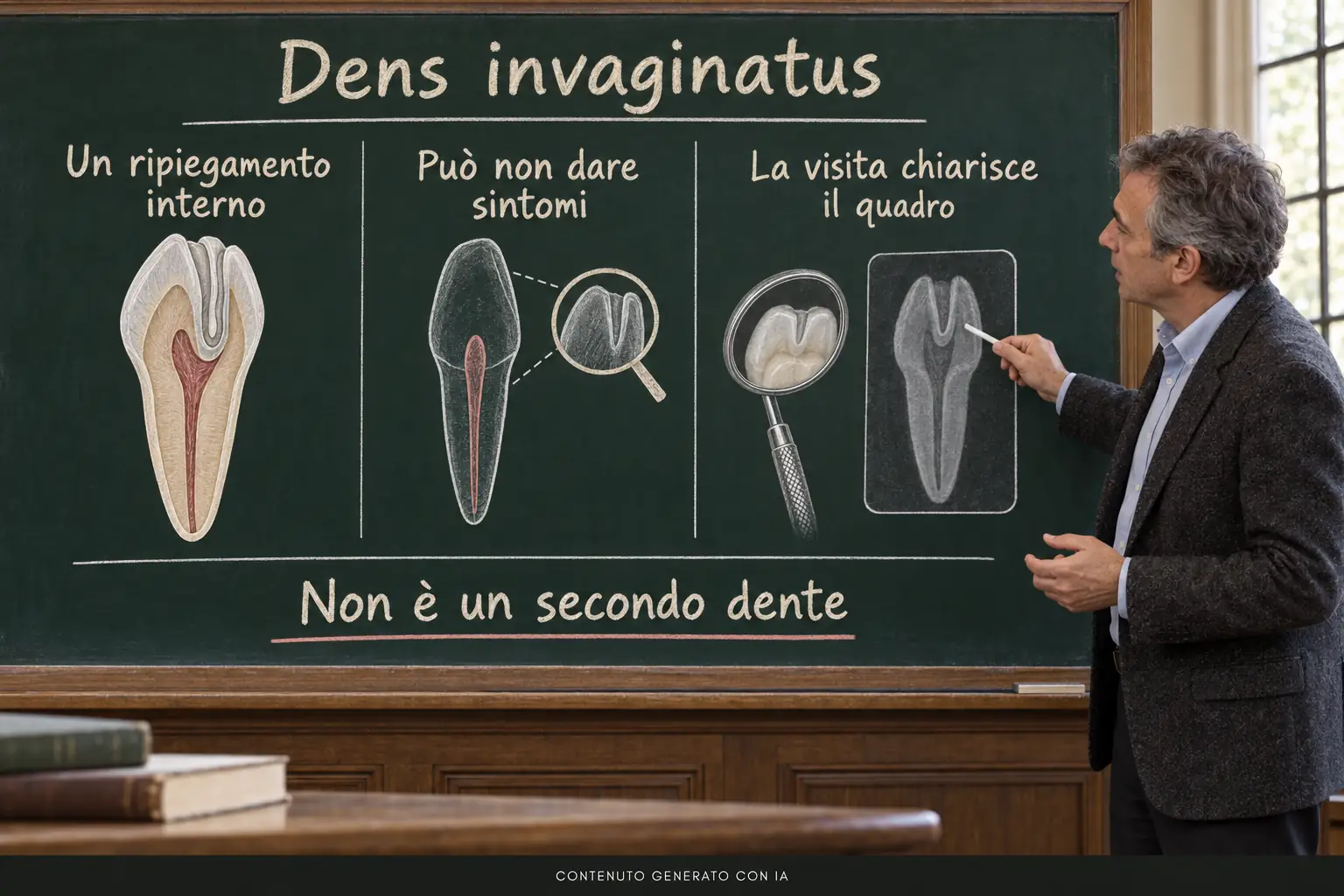 Lavagna con tre schemi sul dens invaginatus: ripiegamento interno, possibile assenza di sintomi e valutazione odontoiatrica. Professore generato con IA.