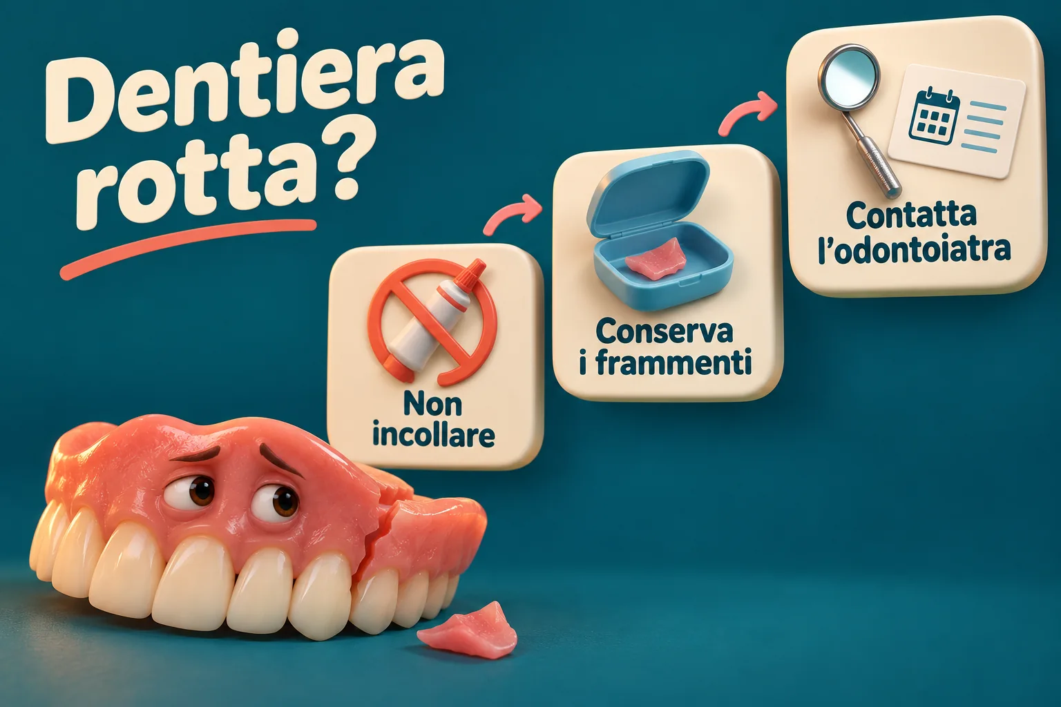 Infografica con una dentiera triste e tre passaggi: non incollare, conservare i frammenti e contattare l’odontoiatra.