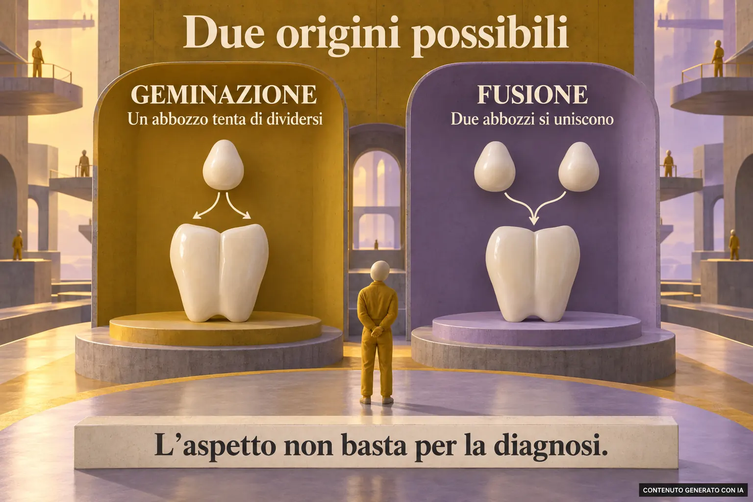Due pannelli con modelli schematici confrontano un abbozzo che tenta di dividersi con due abbozzi che si uniscono, senza formulare una diagnosi.