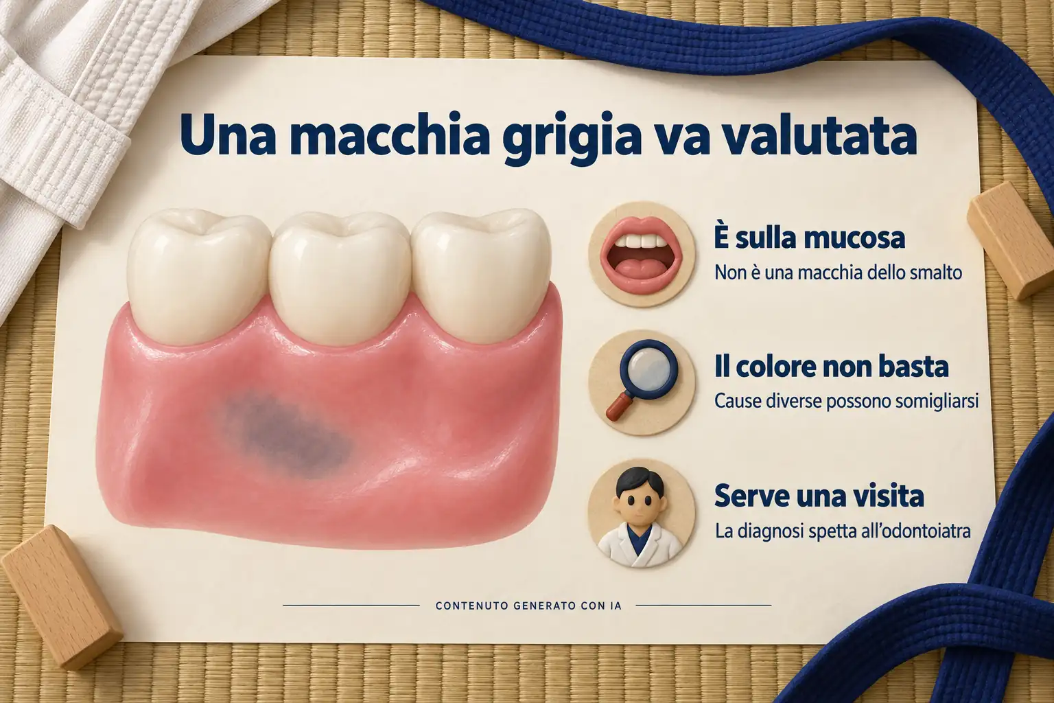 Tre punti spiegano che la macchia riguarda la mucosa, che il colore non basta a identificarla e che la diagnosi richiede una visita odontoiatrica.