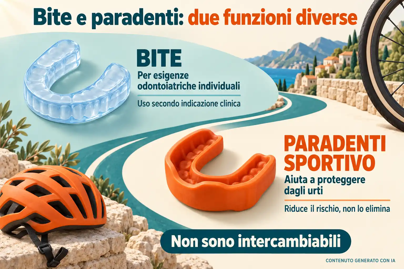 Confronto illustrato tra bite per esigenze odontoiatriche individuali e paradenti per gli urti sportivi, con richiamo al fatto che non sono intercambiabili.