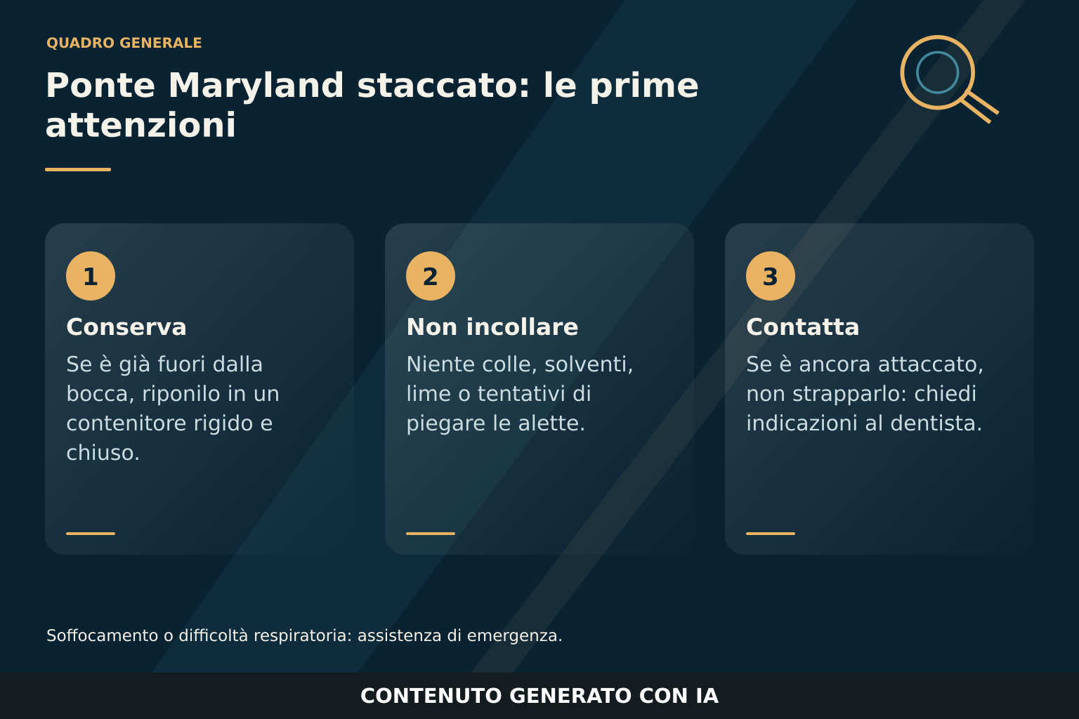 Tre colonne spiegano come conservare un ponte già staccato, evitare colle domestiche e contattare il dentista senza strappare parti ancora aderenti.