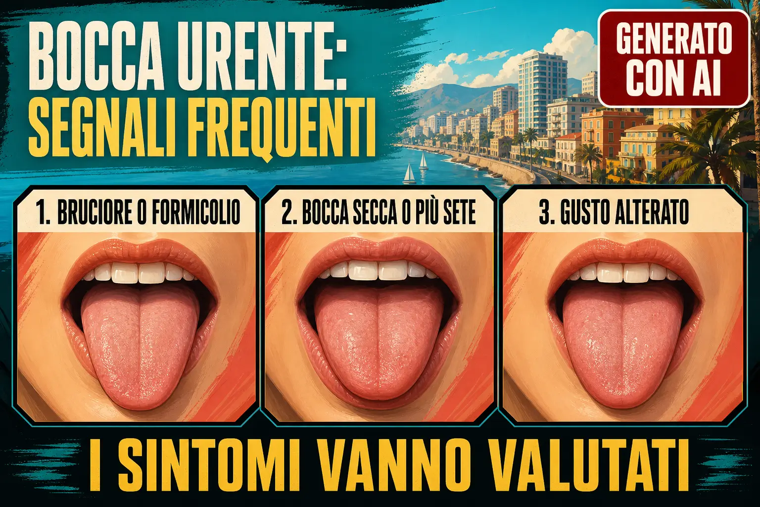 Infografica sui segnali frequenti della bocca urente, tra cui bruciore o formicolio, bocca secca, maggiore sete e gusto alterato, per Studio Odontoiatrico Stere.